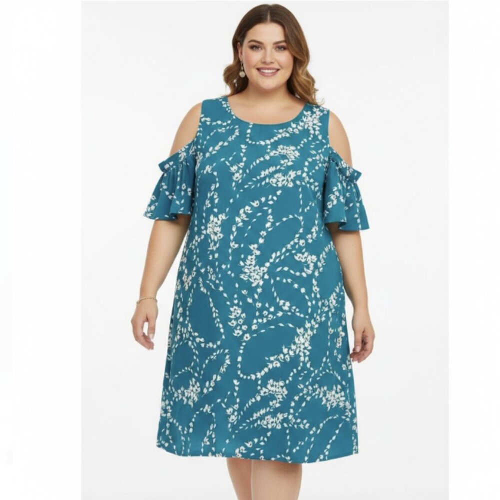 City Strats Floral Blue Cold Shoulder Ruffle Sleeve‎ Romantic Shift Dress Sz 20W